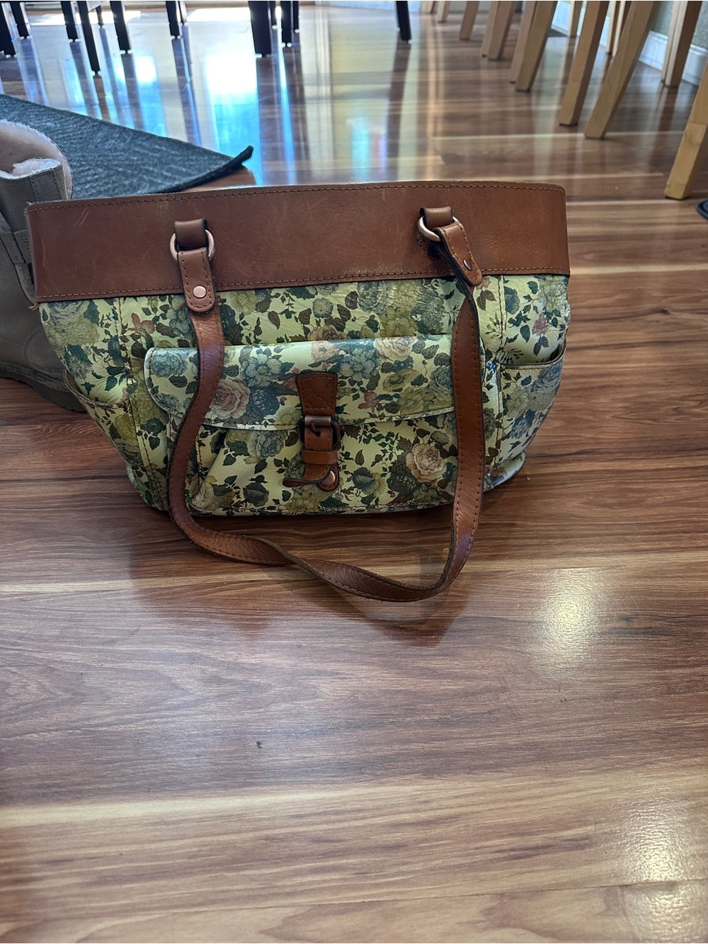 Patricia Nash Green Floral Canvas Tote with Brown Trim - Picture 3 of 4